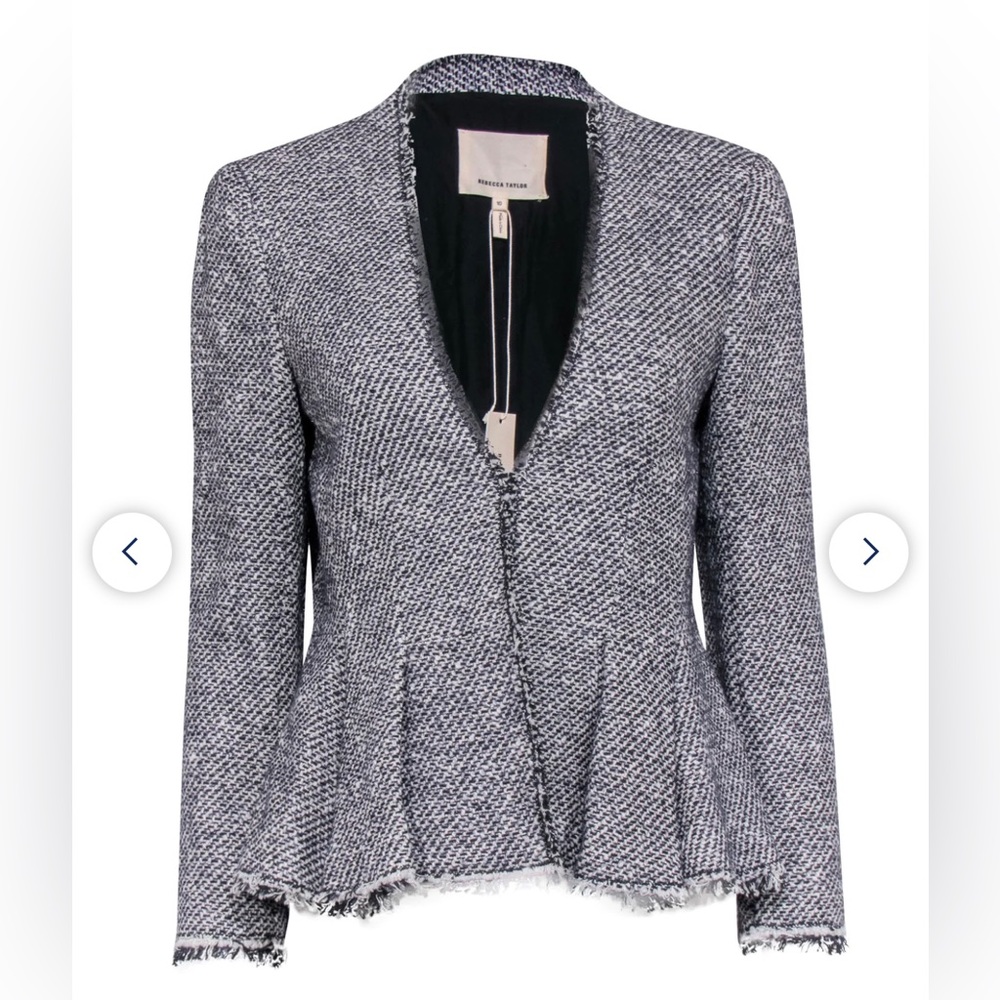 Rebecca Taylor - Black & White Lurex Tweed Peplum Blazer w/ Fringe Hem Sz 8